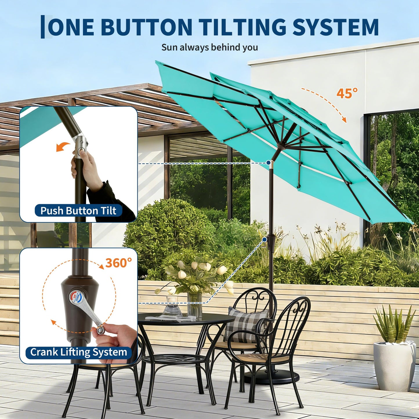 JoanKaren 3 Tier Patio Umbrella with Light, 9ft Outdoor Patio Umbrella with Vented Top, 24 LED Solar Lights, Easy Crank and Push Button Tilt, 8 Sturdy Ribs, for Pool, Deck, Yard, Garden, Light Blue