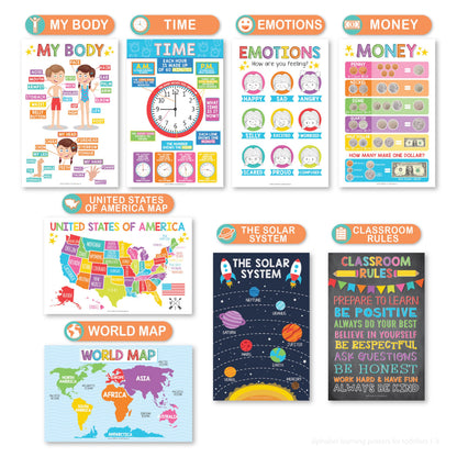 Hadley Designs 16 Educational Posters for Toddler Learning Activities - Alphabet Daycare Essentials, Laminated Pre-K Posters for Toddlers 1-3, Preschool Learning Activities, Rainbow Classroom Decor