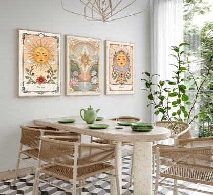 3pcs Sun And Moon Celestial Canvas wall art Tarot Astrology Paintings Pictures Wall Decor Boho Lotus Floral Posters Prints Artwork for Living Room Bedroom Dorm Apartment Home Decoration Unframed