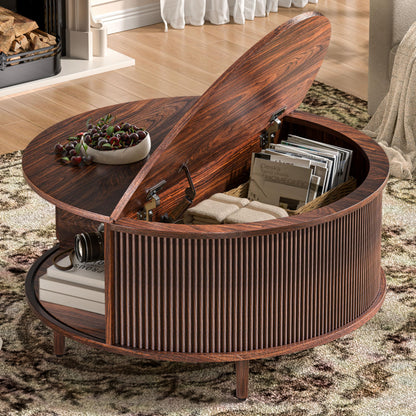 Round Coffee Table, 31.5" Fluted Center Table with Storage, Lift-Top Coffee Table with Adjustable Footpads, Sliding Door, Mid-Century Modern Center Table for Living Room, Small Space (Warm Walnut)