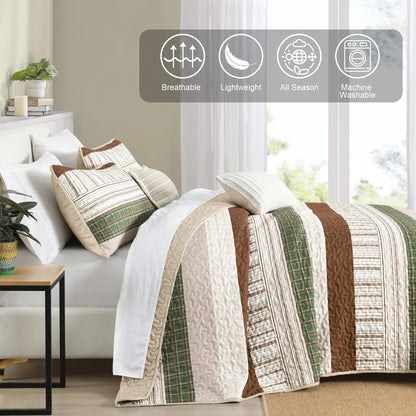 DJY Striped Quilt Set Queen Size, Boho Brown Green Striped Bedspread Coverlet Set Soft Microfiber Patchwork Quilt Bedding Set 3 Pieces for All Season(96"x90")