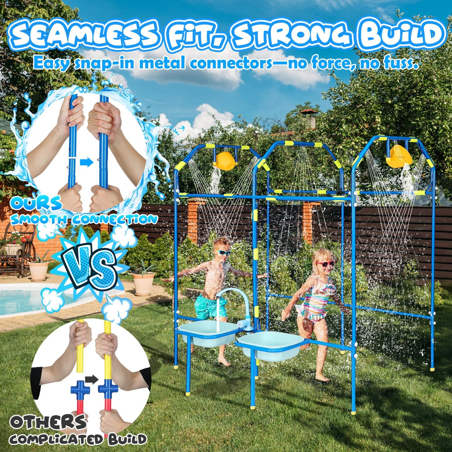 THISWUW Water Park Sprinkler Toy for Kids, Heavy-Duty Steel Backyard Waterpark Splash Game with Shooting Toys, Splash Buckets, Water Table & Faucets, Water Play Activities Outdoor Summer Fun
