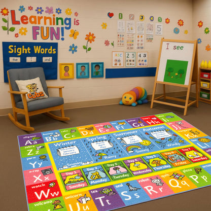 KC Cubs 8x10 ABC Alphabet, Seasons, Months & Days Rug – Educational Play Mat Carpet for Kids, Toddlers, Nursery, Classroom, Playroom, Baby Daycare
