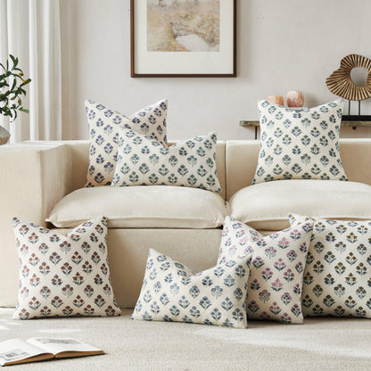 YZJZEDS 100% Cotton Floral Pillow Covers Set of 2, Double Sided Block Print Boho Decorative Throw Pillow Cases, Farmhouse Style Cushion Covers for Home Decor, 18x18 Inches Dusty Blue
