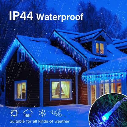 Hopolon 33FT 360L LED Christmas Icicle Lights Outdoor Waterproof,8 Modes Plug in Curtain String LIghts With 60 Drops,Christmas Lights for Wedding,Party,Bedroom,Home,Garden,Wall Decorations(Blue White)