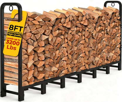 Amagabeli 8ft Firewood Log Rack Outdoor Heavy Duty Logs Holder for Fireplace Indoor Outdoor Adjustable Wood Racks for Fire Wood Holder Metal Pile Stand Storage Stacker Organizer Black