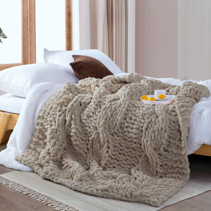 CLOUDS HUG Chunky Knit Blanket Throw - 100% Hand Knitted Thick and Warm Throw for Winter, Linen, 50x60 Inches, Crochet