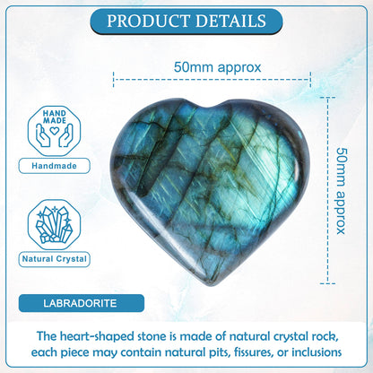 Crocon 50mm Labradorite Heart Stone Big Heart Shape Puff Stones Set 450+ Carats Pocket Crystal Healing Tumble Collection Palm Worry Stone Good Luck Charm Meditation Gift Craft Home Decor