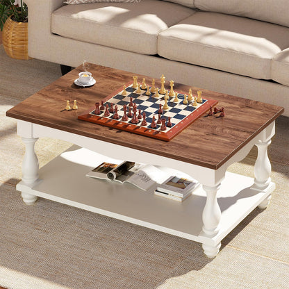 Besiost Farmhouse Coffee Table with Storage, 47" Mid Century Coffee Tables for Living Room, Modern 2-Tier Rectangle Coffee Table with Solid Wood Legs, Vintage Living Room Tables, Rustic Brown
