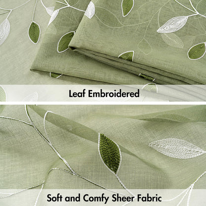 MIULEE Sage Green Sheer Curtains 2 Panels Embroidered Leaf Patterned Rod Pocket Floral Semi Sheer Faux Linen Window Curtains Drapes Set for Living Room Bedroom Dining Room, 52x84 Inches Long