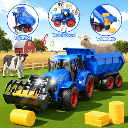 Funwee RC Tractor Toy Set with Light & Sound, Kids Farm Car Animal Trailer Wheels Remote Truck, Outdoor Vehicle Toys for 3-7+ Years Old Toddler Boy and Girl Gift(Blue)