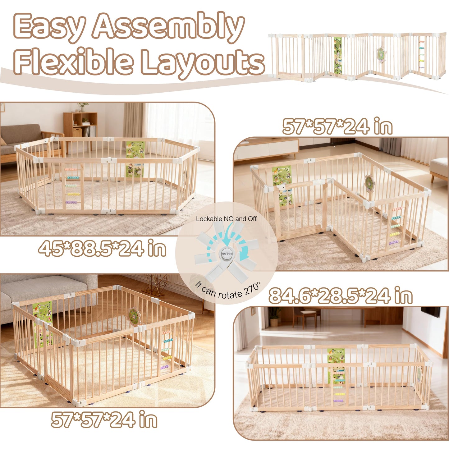 Wooden Baby Playpen, Large Foldable Play Yard for Babies and Toddlers, 57"x57"x24" Montessori Play Fence with Activity Center,Easy Fold & Safety Gate for Indoor Play Area