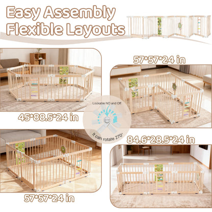 Wooden Baby Playpen, Large Foldable Play Yard for Babies and Toddlers, 57"x57"x24" Montessori Play Fence with Activity Center,Easy Fold & Safety Gate for Indoor Play Area