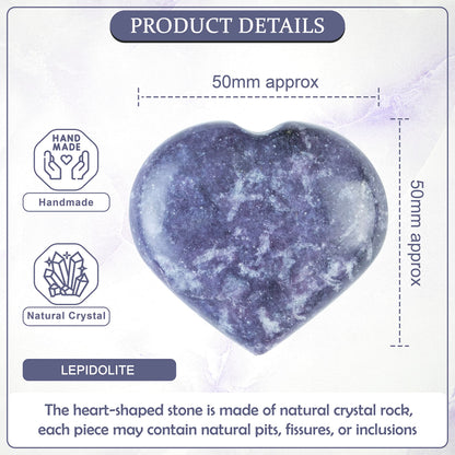 Crocon® 50mm Lepidolite Heart stone Big Heart Shape Puff Stones Set 450+ Carats Pocket Crystal Healing Tumble Collection Palm Worry Stone Good Luck Charm Meditation Gift Craft Home Decor