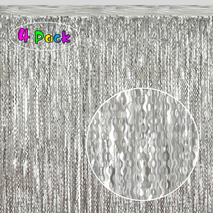 4 Pack 3.3x6.6ft Silver Foil Fringe Backdrop - Wavy Metallic Tinsel Foil Curtains Photo Booth Backdrop for Birthday Wedding Holiday | Silver Streamers Celebration Bachelorette Party Decorations