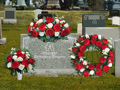 AILVEMEE Cemetery Wreaths for Graves,Christmas Wreath for Cemetery,Memorial Day Grave Wreath,Headstone Wreaths on Metal Stand,Spring Artificial Flower Wreath:Red Peony,White Rose