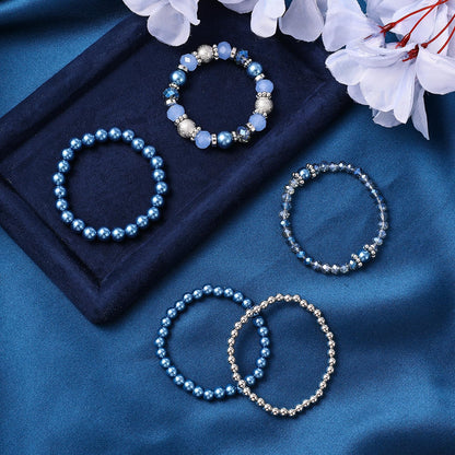 DIVINA VITAE 5 Pcs Beaded Stretch Bracelets Blue Stackable Bracelets Crystal Bead Bracelet Boho Beaded Bracelets Stretch Layering Crystal Stone Beaded Bracelets Trendy Costume Jewelry Gifts for Women