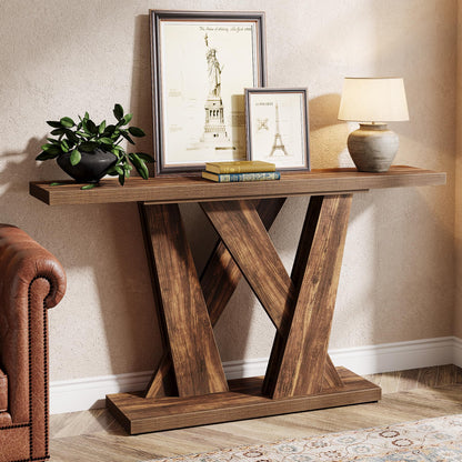 Tribesigns 55-Inch Farmhouse Console Table, Farmhouse Behind The Couch Table TV Stand with Geometric Base, Skinny Sofa Table Entryway Table for Entrance, Living Room, Hallway, Foyer, Rustic Brown