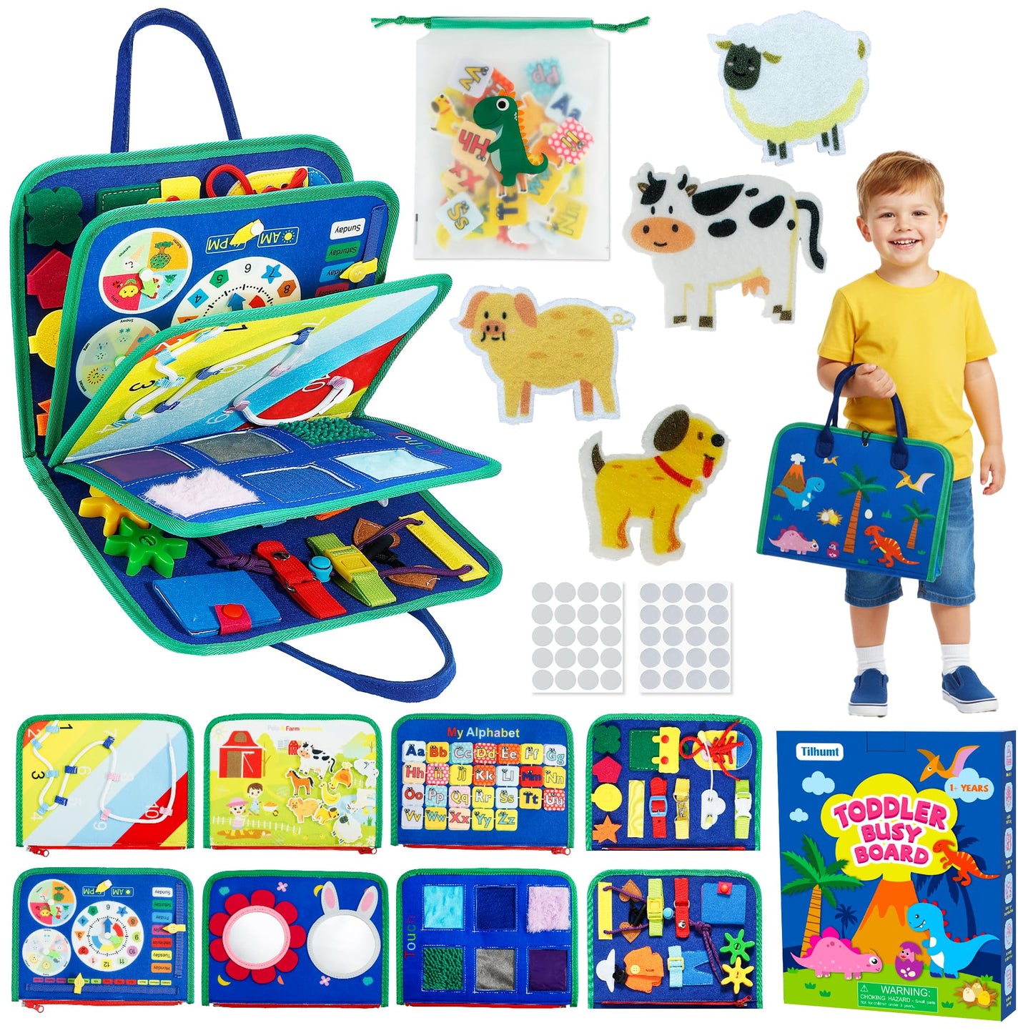 Tilhumt 8 in 1 Busy Book for Toddler 1-3, Montessori Boy Board with Storage Bag for Travel Quiet Learning Sensory Toys, Felt Busy Book for Baby Educational Gift Activities Fine Motor Skills