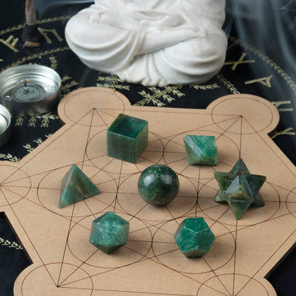 ZAICUS Green Mica Platonic Solids Crystal Set – 7 Sacred Geometry Stones for Meditation, Reiki, Chakra Healing & Energy Balancing, Spiritual Decor & Good Luck Gift (15–20 mm)