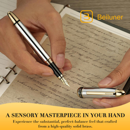 BEILUNER 315 Silver Chrome Fountain Pen,Stunning Luxury Pens with 24K Gold Accents, Gorgeous 24K Gilded Nib(Medium), Ink Converter,Fancy Pen Gift for Men&Women-Elegant, Office, Reliable, Nice Design