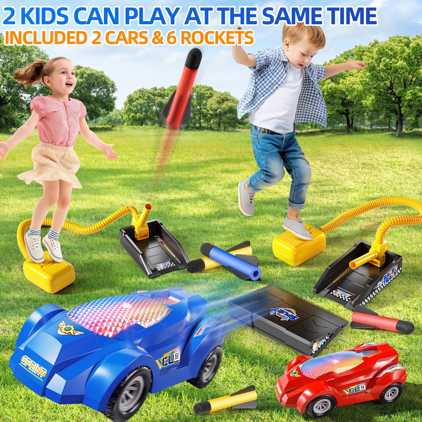NIPLOOOW Rocket Toy Car Launcher, 2 Race Car and 6 Foam Rockets, Outdoor Outside Backyard Toys for Boys & Girls, Birthday Gift Toys for Kids Boys Girls Age 3 4 5 6 7 8 Years Old