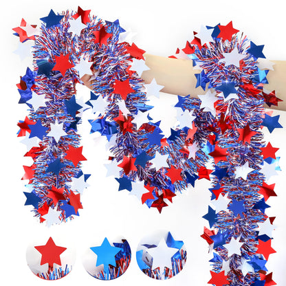 50FT Patriotic Tinsel Garland 4th of July Decorations, Fourth of July Red White and Blue Metallic Garland with Stars for July 4th Independence Day Memorial Day Home Indoor Outdoor Decor