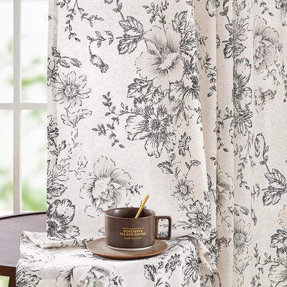 jinchan Floral Curtains for Living Room 84 Inch Length Farmhouse Printed Curtain Rod Pocket Back Tab Black Peony Flower Patterned Drapes Bedroom Window Curtains Set 2 Panels 25% Linen 75% Polyester