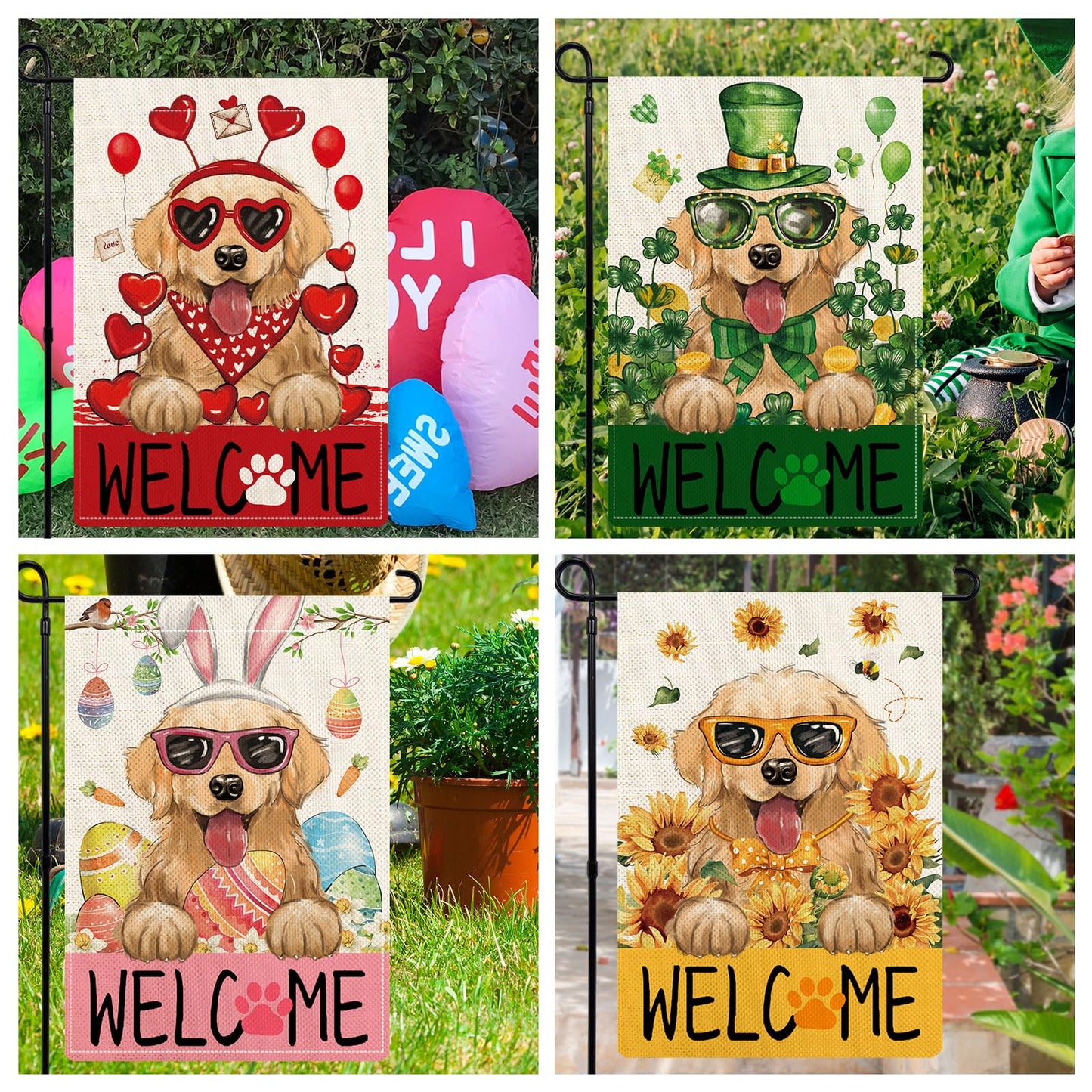 YOVOYOA Golden Retriever Garden Flags for Outside Set of 12, Puppy Dog Welcome Garden Flags 12x18 Double Sided for All Seasons and Holidays, Spring Easter Yard Lawn Flags for Farmhouse Outdoor Decor