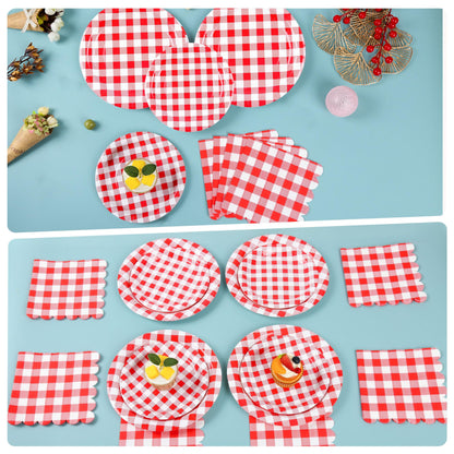200Pcs Christmas Red Gingham Party Supplies Red Gingham Paper Plates and Napkins Cups Plaid Party Plates Disposable Reds and White Checkered Plates for Christmas Birthday Family Picnic，Serves 50