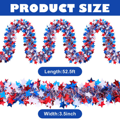 52.5Ft Patriotic Glitter Tinsel Garland Decoration, Red White Blue Star Metallic Tinsel Twist Garland, 4th of July Decor Parade Golf Cart Shiny Tinsels for Car Bike Independence Day Memorial Day Decor