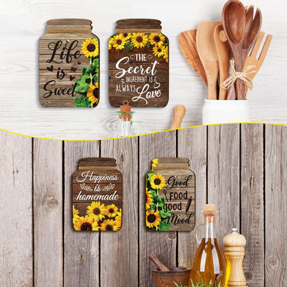 4 Pcs Kitchen Wall Decor Mason Jar Set Wooden Rustic Home Decor Inspirational Kitchen Hanging Farmhouse Wall Signs for Home decoration(Sunflower)