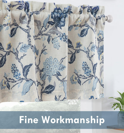 DriftAway Ada Botanical Print Lined Flower Leaf Thermal Insulated Linen Blend Window Valance Rod Pocket 52 Inch by 14 Inch Plus 1.75 Inch Header Navy 1 Pack