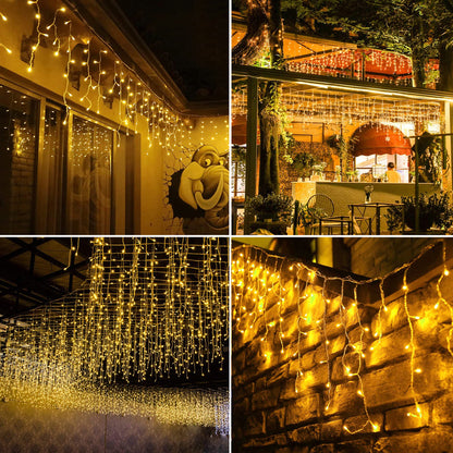 kemooie 400 LED Outdoor Curtain Lights, 26.2FT x 3.3FT Curtain String Lights with 8 Shining Modes for Indoor Ceremony Birthday Christmas Party Bedroom Balcony Roof Decorations (Warm White)