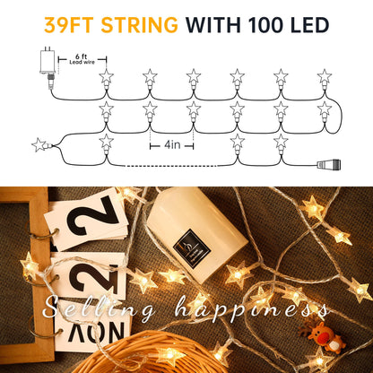 HEYFUNi Warm White Star String Lights,39FT 100LED Plug in Fairy Twinkle Lights with 8 Modes Waterproof for Indoor Christmas Tree, Home, Girls'Room, Garden, Party, Wedding, Classroom Decor(Warm White)