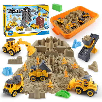 YIDESTARS Construction Sandbox with Lid - 4 Vehicles with 1 Conveyor, 8 Castle Molds, 6 Figures & 3lbs Moldable Sand - Preschool Sensory Bin for Fine Motor Skills, Ages 3-6
