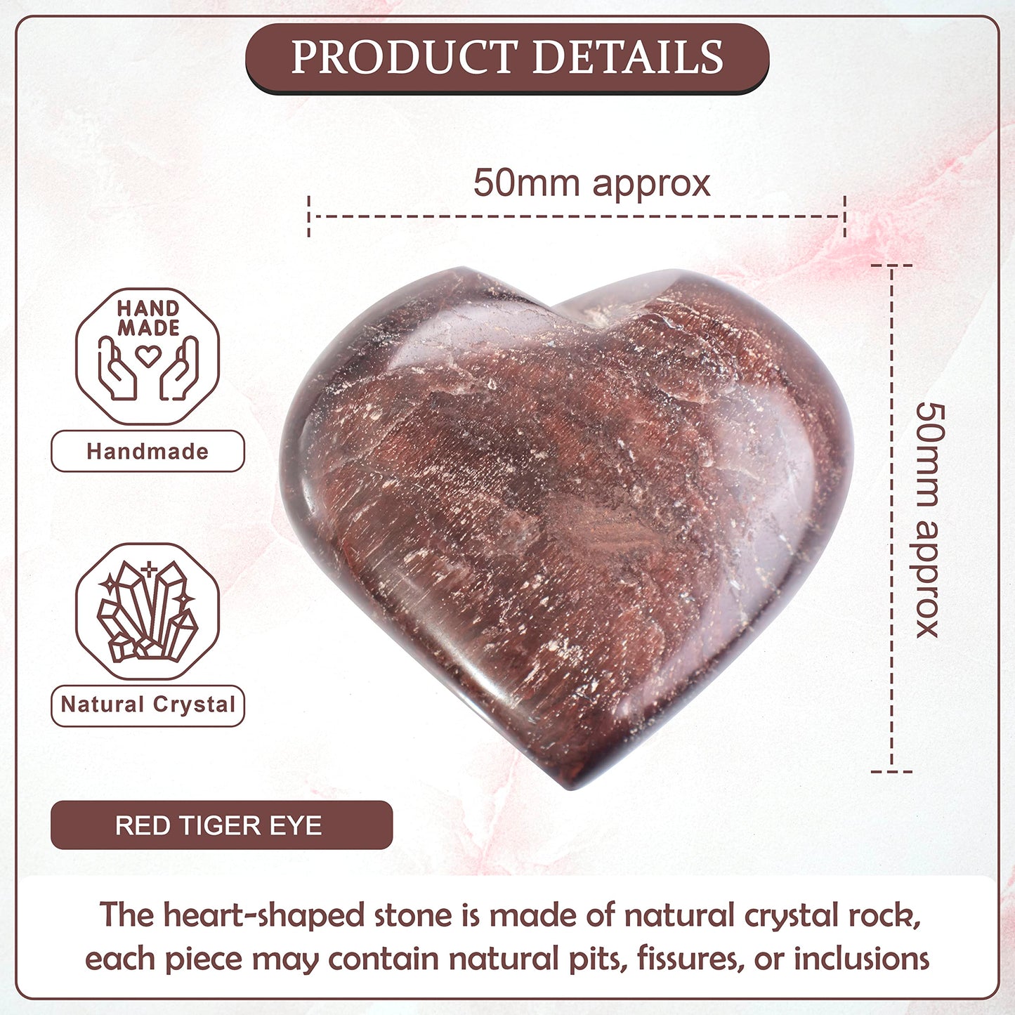 Crocon 50mm Red Tiger Eye Heart stone Big Heart Shape Puff Stones Set 450+ Carats Pocket Crystal Healing Tumble Collection Palm Worry Stone Good Luck Charm Meditation Gift Craft Home Decor