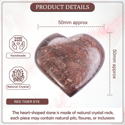Crocon 50mm Red Tiger Eye Heart stone Big Heart Shape Puff Stones Set 450+ Carats Pocket Crystal Healing Tumble Collection Palm Worry Stone Good Luck Charm Meditation Gift Craft Home Decor