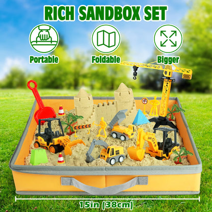 Billeeit Sand Construction Kit with Big Foldable Sandbox and 2.2lbs Moldable Sensory Play Sand, Truck Toys Including Castle Molds and Other Accessories - 36Psc Set Gifts for Kids 3+