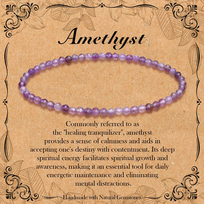 BONNY BOXX Natural Genuine Gemstone Faceted Round Beads Bracelets, 3mm Adjustable Stretchy Tiny Faceted Amethyst Bracelet, Healing Crystal Reiki Chakra Dainty Jewelry Fashion Gifts