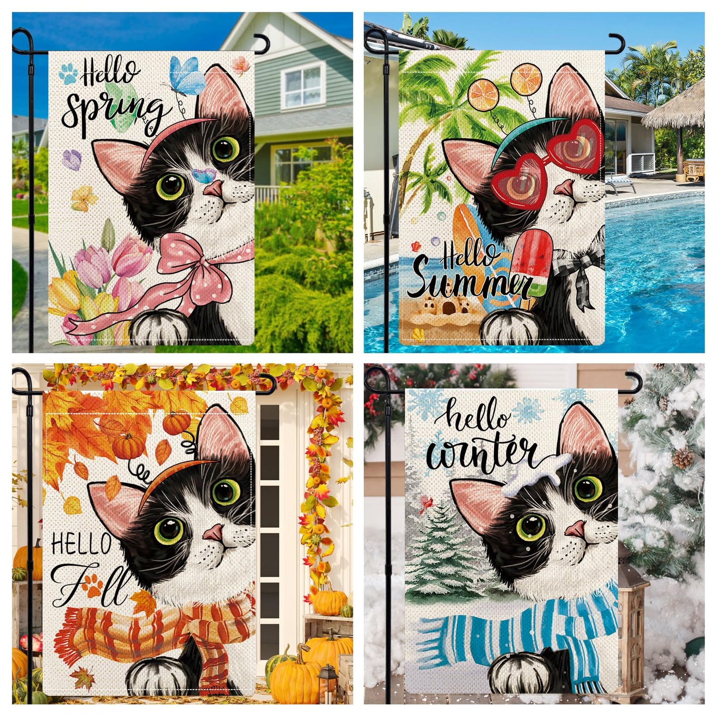 YOVOYOA Cute Black Cat Garden Flags for Outside Set of 12, Welcome Seasonal Garden Flags 12x18 Double Sided, Kitten Yard Flags for All Seasons and Holidays, Winter Spring Yard Flag for Holiday Decor