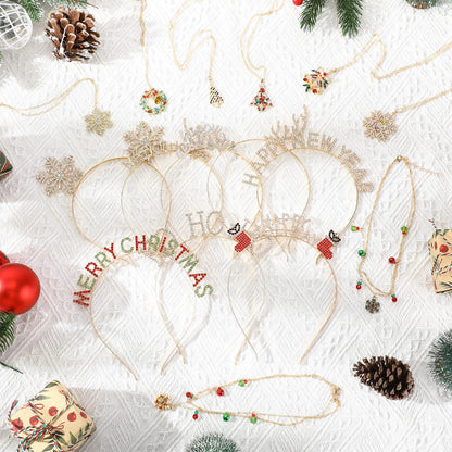 Quelay 16 Pcs Christmas Jewelry Set Include 8 Christmas Headbands 8 Pcs Xmas Necklaces Rhinestone Snowflake Deer Antlers Hairband Wreath Bell Necklace for Women New Year Party Favor Gift Accessory