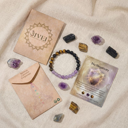 Bivei No Negativity Bracelet, Strength Crystal Healing Bracelet 8MM with Black Tourmaline & Amethyst & Tiger Eye - Spiritual Stretch Beaded Jewelry for Women Men Gift