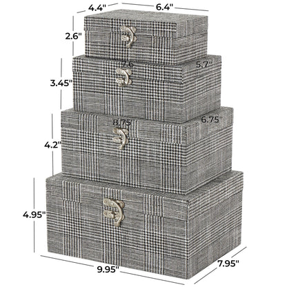 Deco 79 Fabric Handmade Decorative Box Storage Book Shaped Boxes with Silver Latches, Set of 4 Decorative Keepsake Boxes 10", 9", 8", 6" H, Black