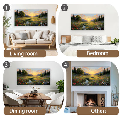 Tarfupth Large Green Landscape Canvas Wall Art for Living Room Sunset Mountain Wildflowers Canvas Prints Nature Scenery Artwork for Bedroom Office Home Decor 20"x40"