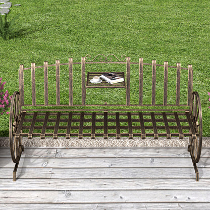 Boweniog Outdoor Bench Patio Outdoor Garden Bench with Built-in Table, Wagon Wheel Arms, 3 People Outdoor Bench Garden Bench Front Porch Furniture Patio Lawn Yard Park (Bronze)