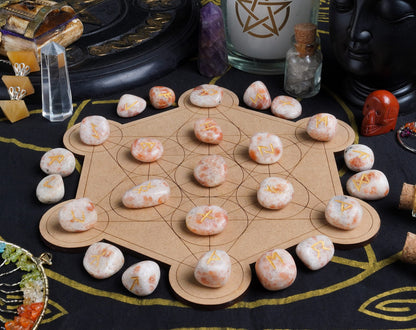"Crocon Sunstone Rune Stones Set Engraved with Elder futhark Crystal Runes Set, Reiki Healing runas for Meditation Chakra Balancing, Rune Stone for Beginners with Crystal Guide & Pouch |15-20 mm"
