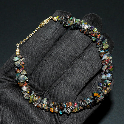 CRYSTALIS Natural Black-Opal Beads Braided Rope Bracelet, Chips Nuggets Beaded Gemstones, Chakra Healing Stones, Womens Jewelry, 14K Gold Plated 925 Sterling Silver Bracelet 8 inch