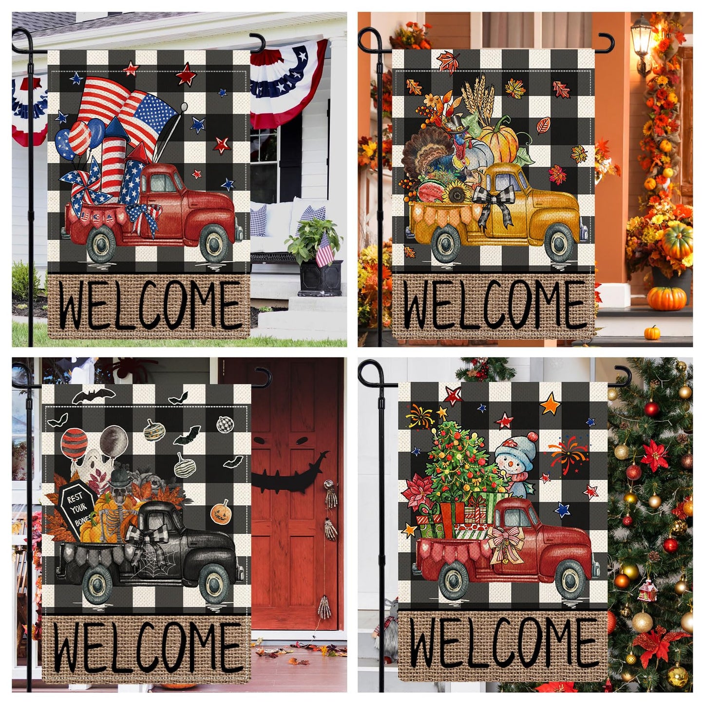 YOVOYOA Rustic Truck Buffalo Plaid Garden Flags for Outside Set of 12, Welcome Seasonal Garden Flags 12x18 Double Sided, Car Holiday Lawn Flags, Winter Spring Outside Decorations for Yard