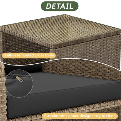LHBcraft Balcony Furniture 5 Piece Patio Conversation Set, PE Wicker Rattan Outdoor Lounge Chairs with Soft Cushions 2 Ottoman-Glass Table for Porch
